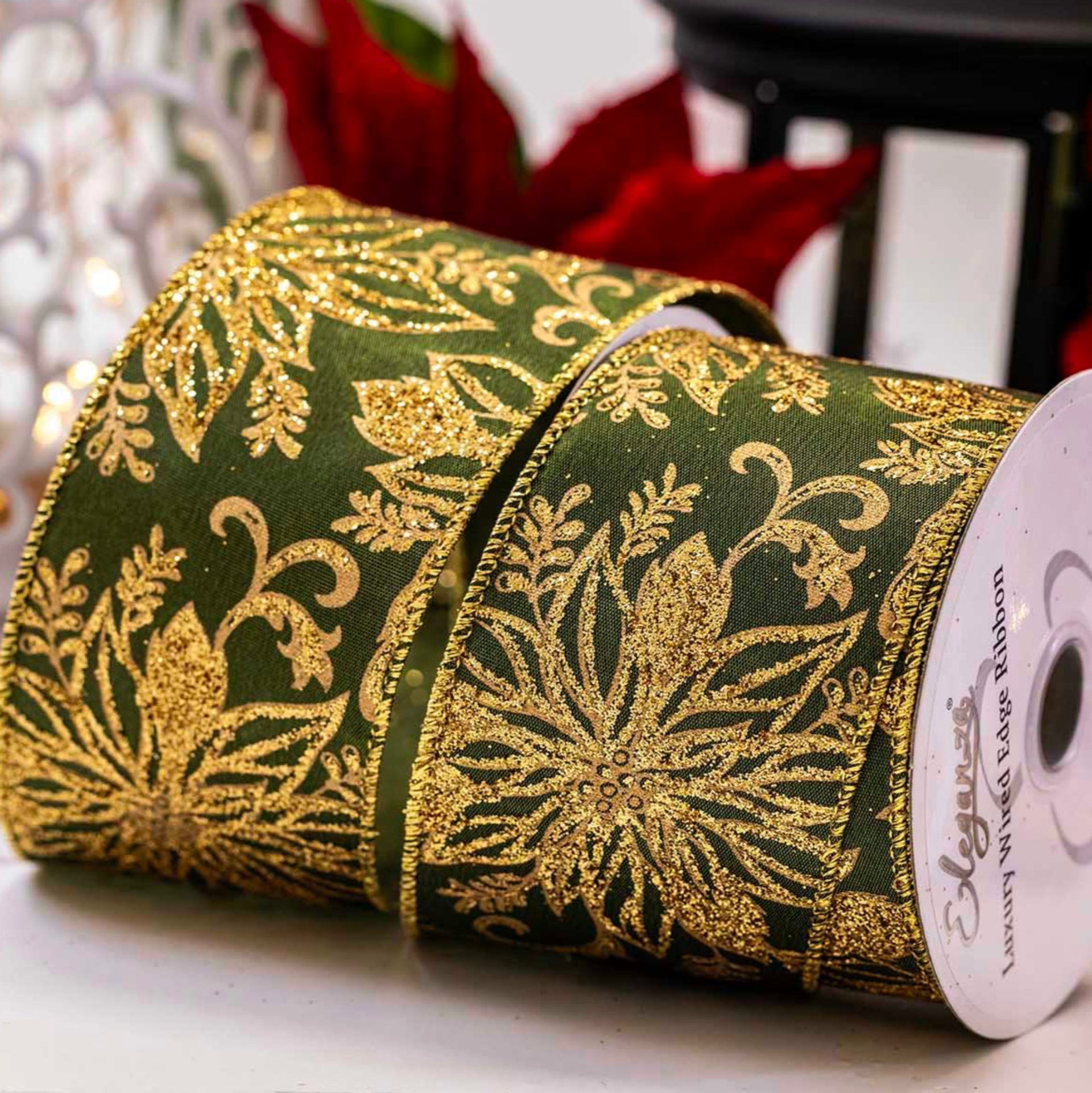 Green & Gold Poinsettia Christmas Ribbon 63mm