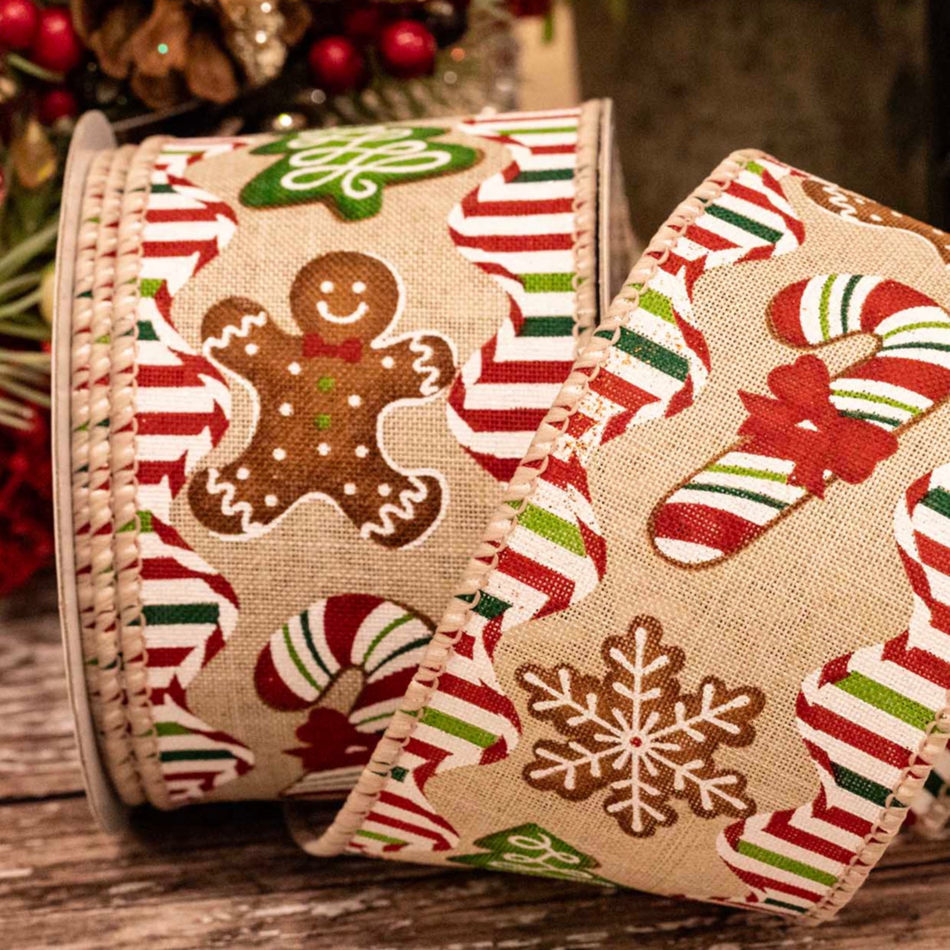 Gingerbread & Candy Cane Christmas Ribbon Wired - 63mm