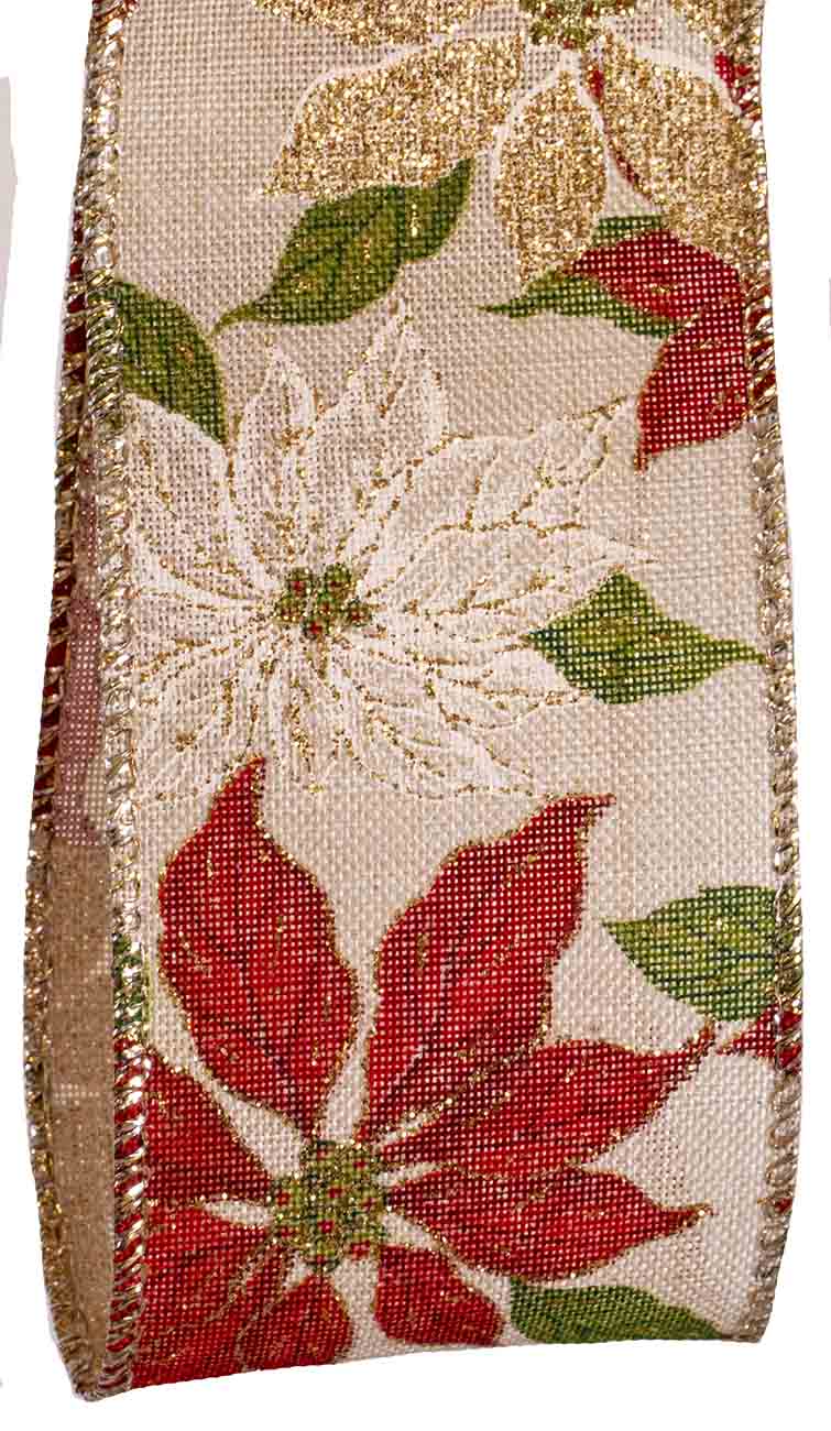 Wired Poinsettia Ribbon - Cream & Red 63mm x 10yrds