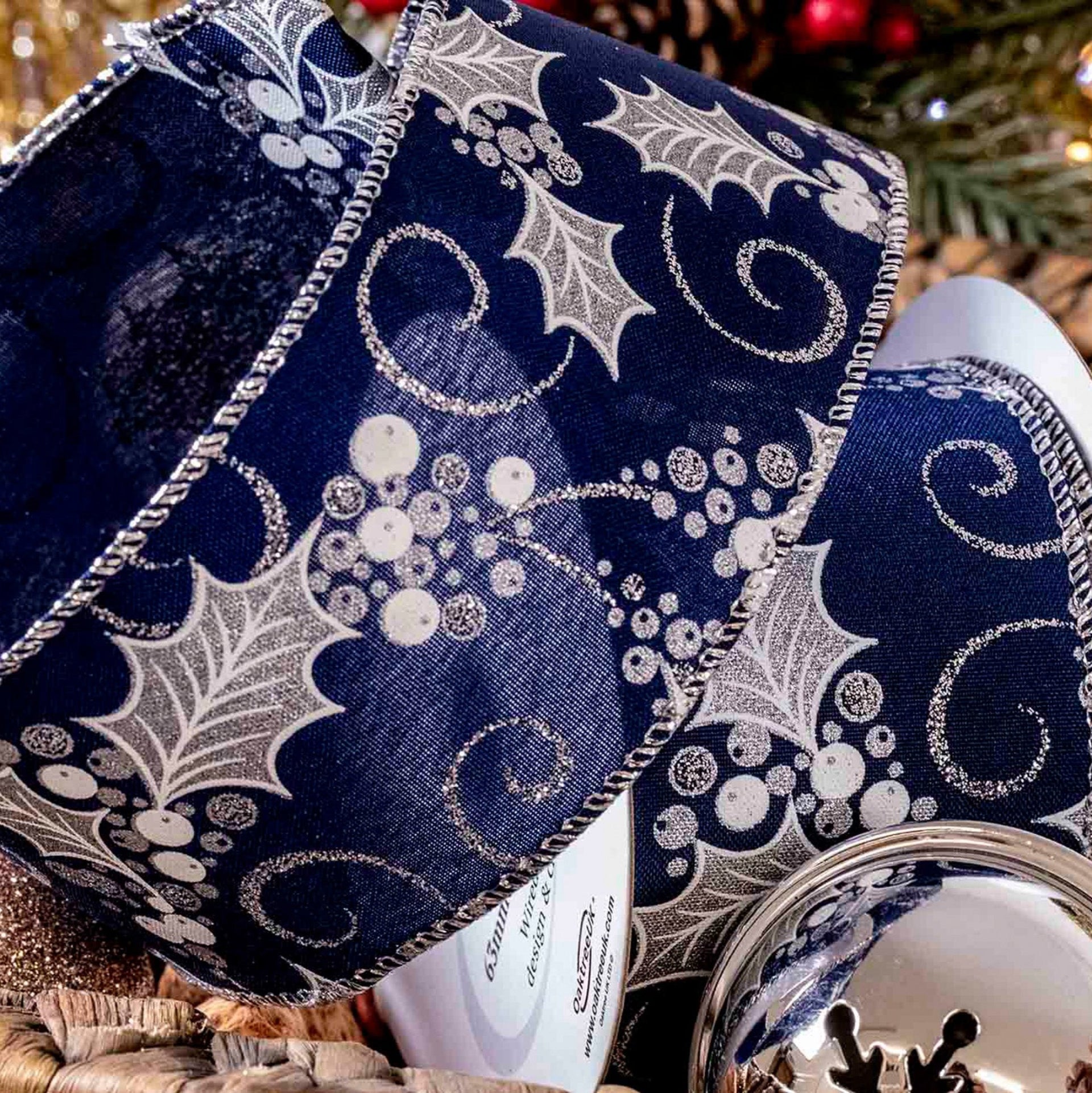 Navy & Silver Holly Design Wired Ribbon 63mm x 10yrds