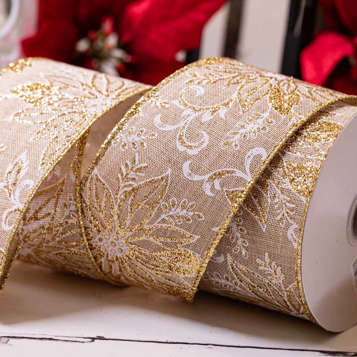 Gold & White Poinsettia Christmas Ribbon 63mm