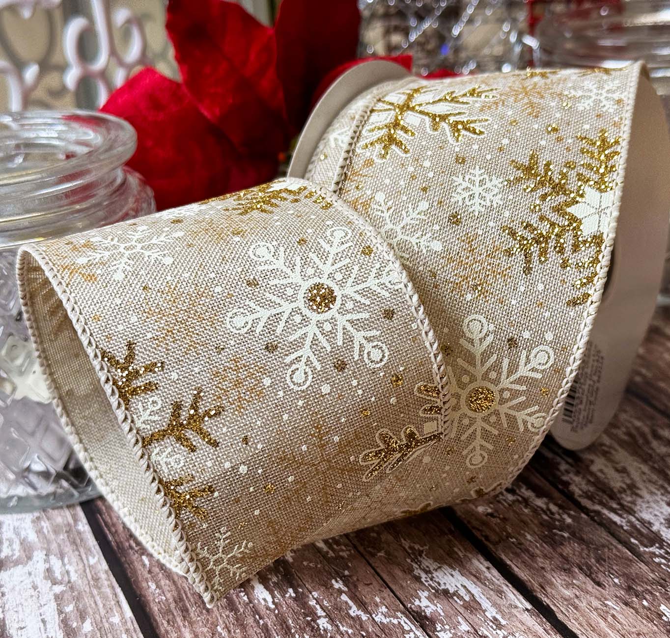 White & Gold Glitter Snowflake Ribbon - Wired 63mm x 10yrds