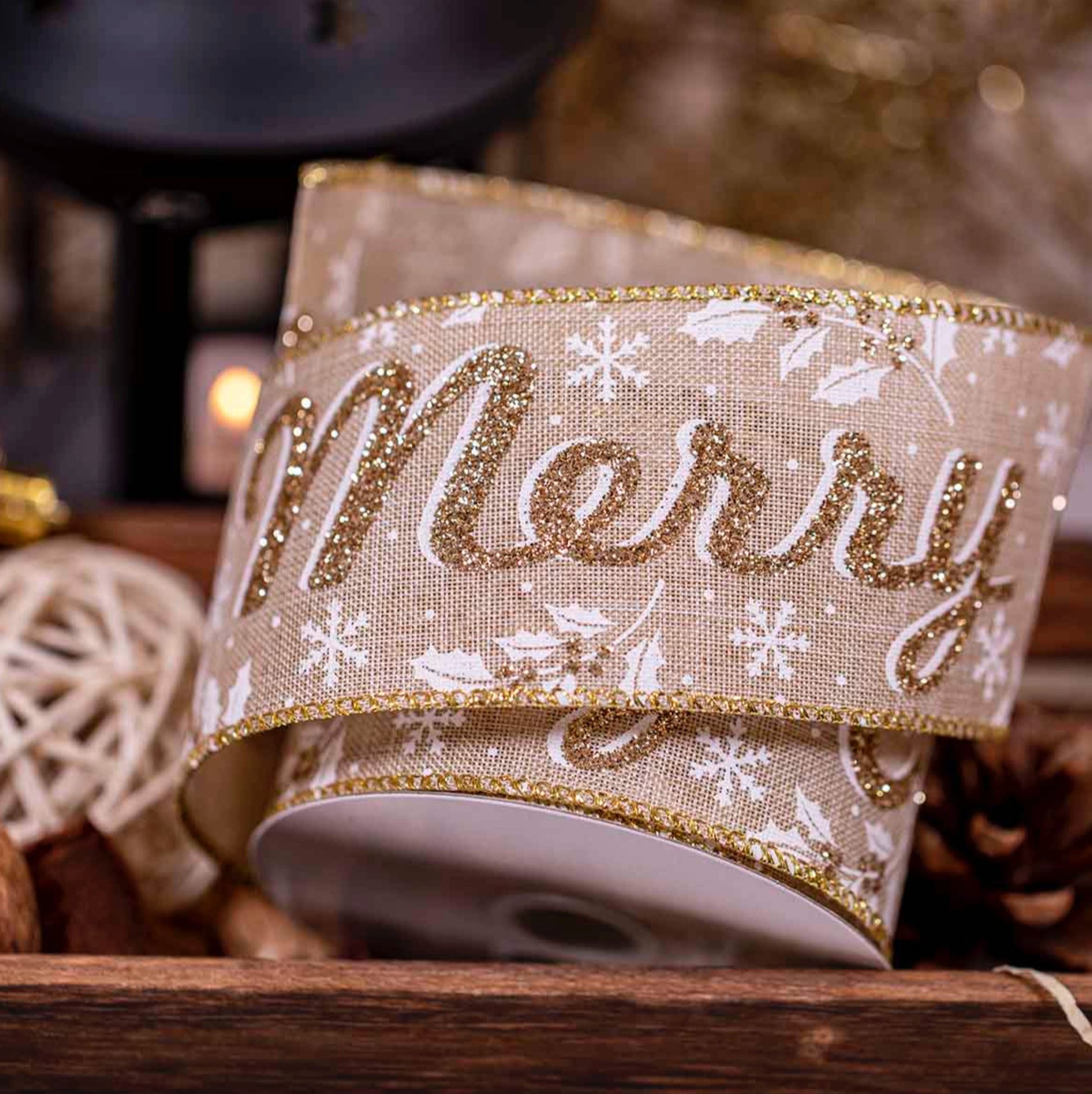 Glamorous Merry Christmas - Wired Col: Natural & Gold 63mm x10yrds