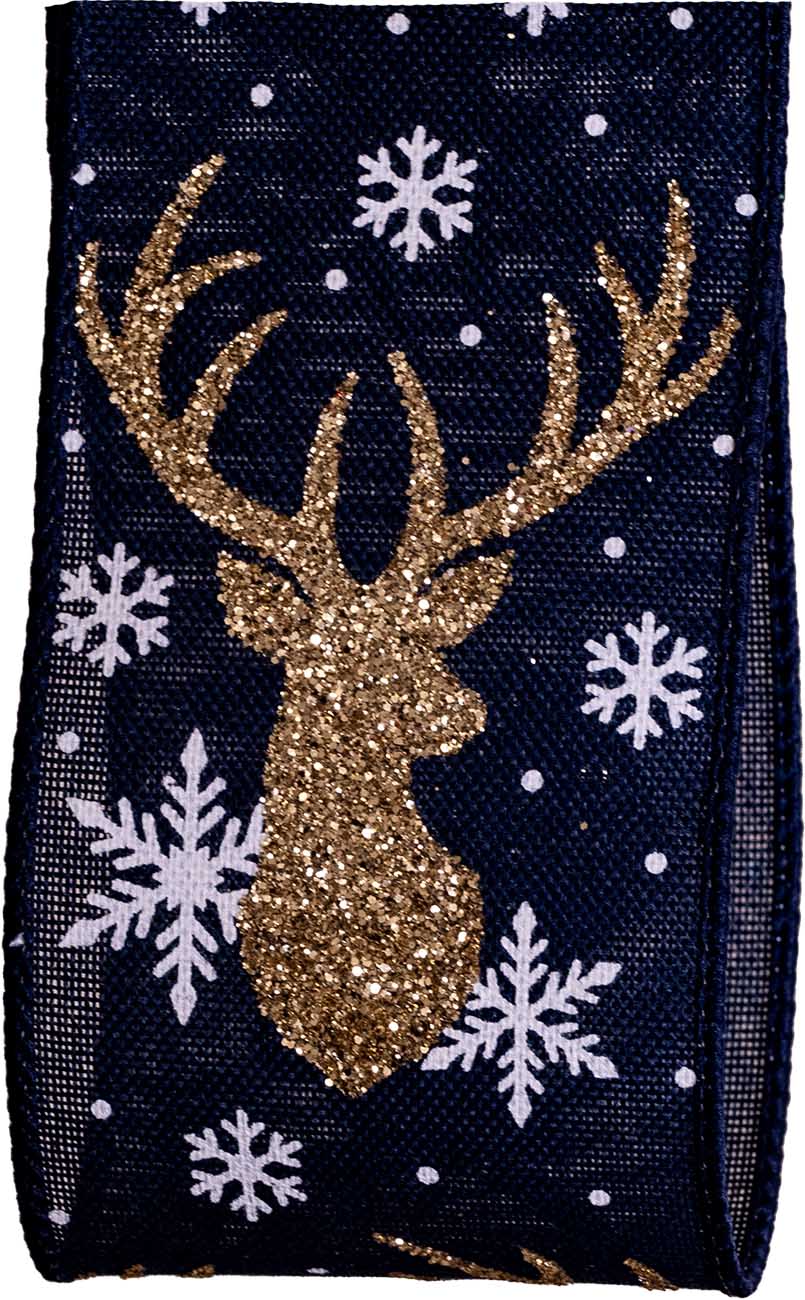 63mm Wired Navy Ribbon With Glitter Stag Head Design