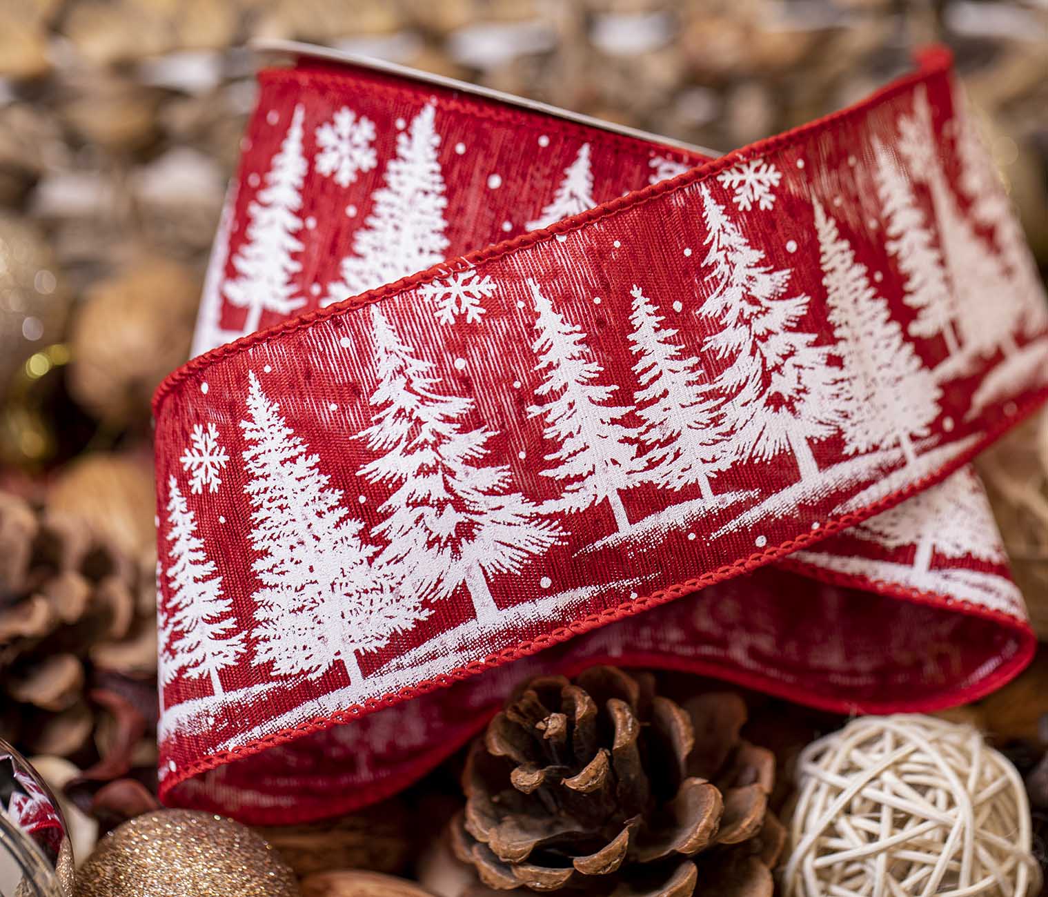 Wired Edged Festive Forest Ribbon - Red 63mm x 10yrds