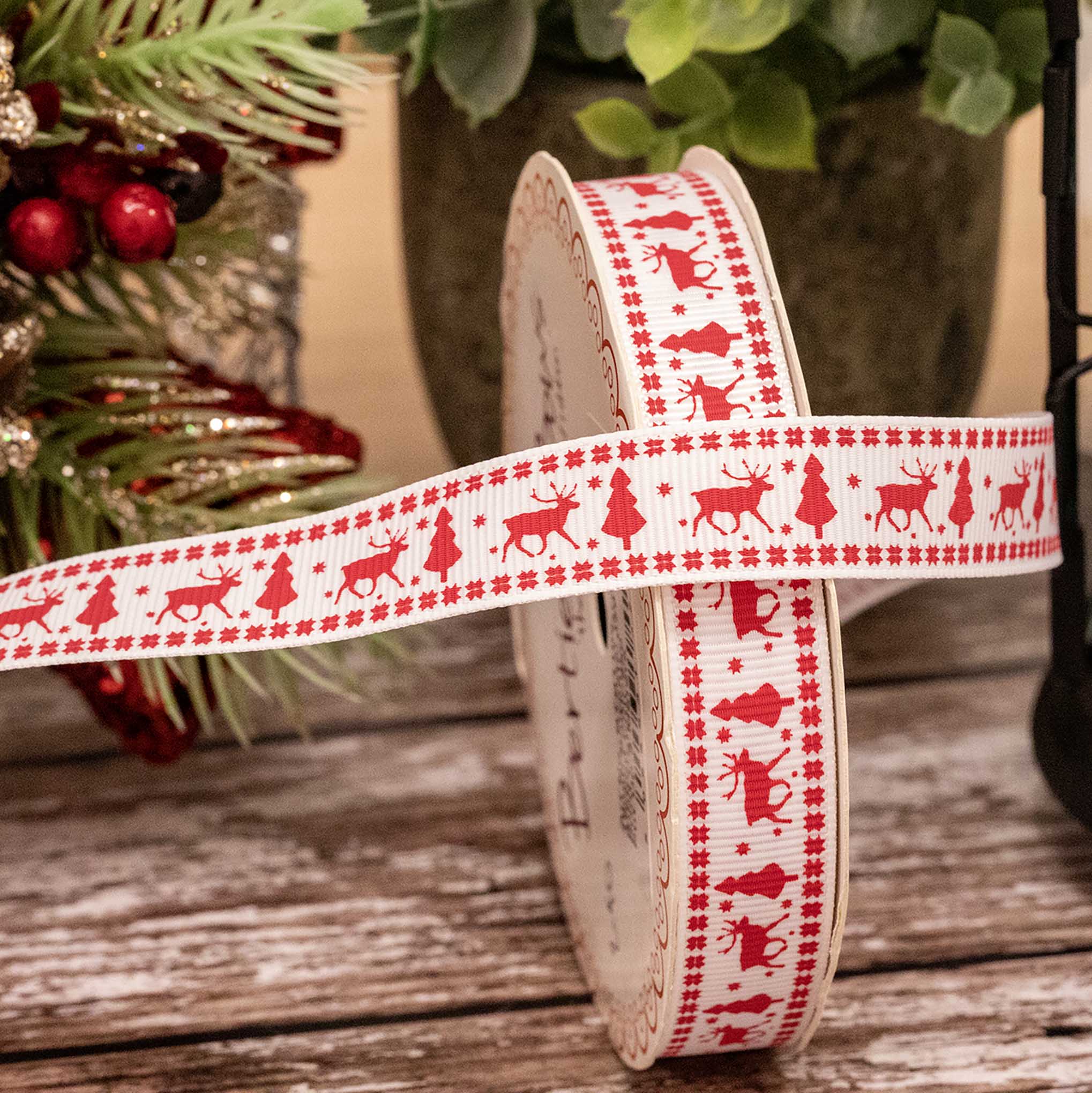 Nordic Style Design On 15mm White Grosgrain Ribbon